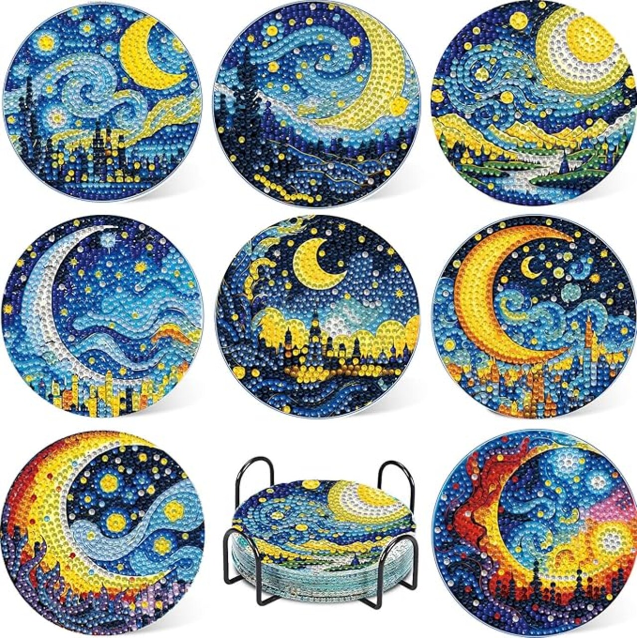 8 PCS Moon Diamond Art Coasters Kits, Diamond Painting Coasters with Holder Set of 8, DIY Drink Coasters Art Crafts Supplies for Adults Cup Mat for Home Decor House Warming Gifts Non-Slip 3.9inch